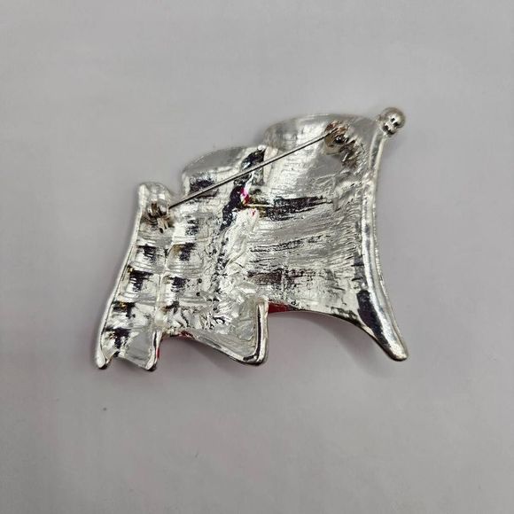 Waving American Flag Red Enamel Clear Rhinestones Silver Brooch Pin - Picture 5 of 6